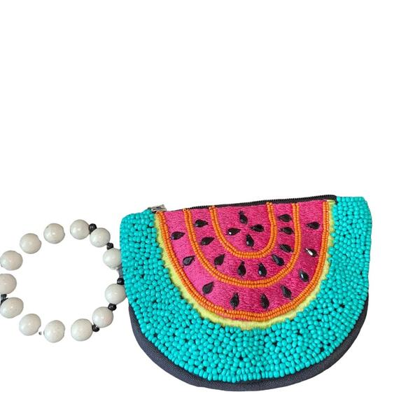 Neiman Marcus Beaded Embroidered Watermelon Slice Zippered Wristlet 7" Length - Picture 3 of 7
